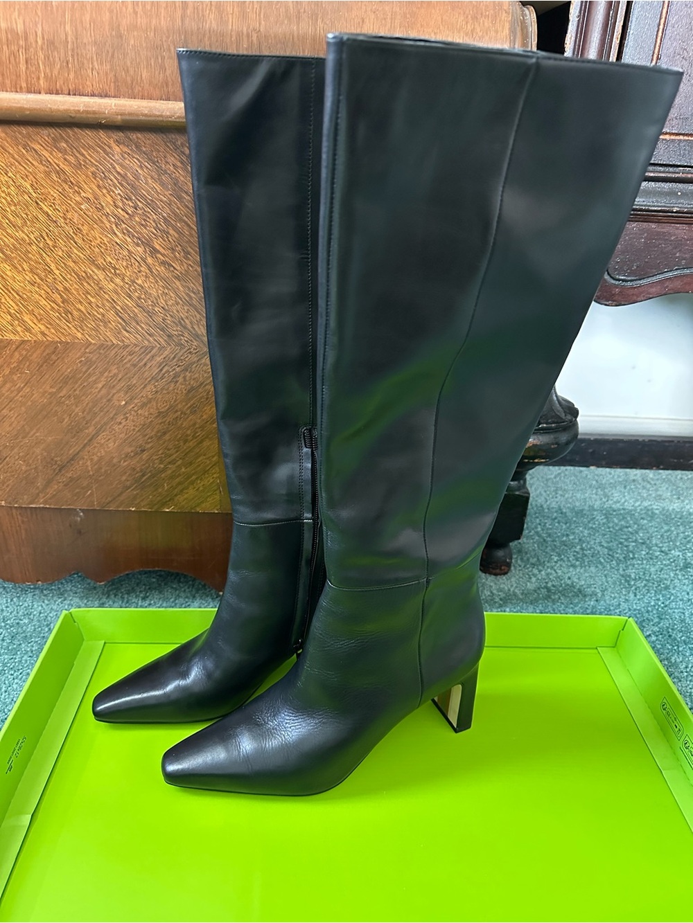 Sam Edelman Sylvia Black Knee-High Pointed Toe Leather Boots
